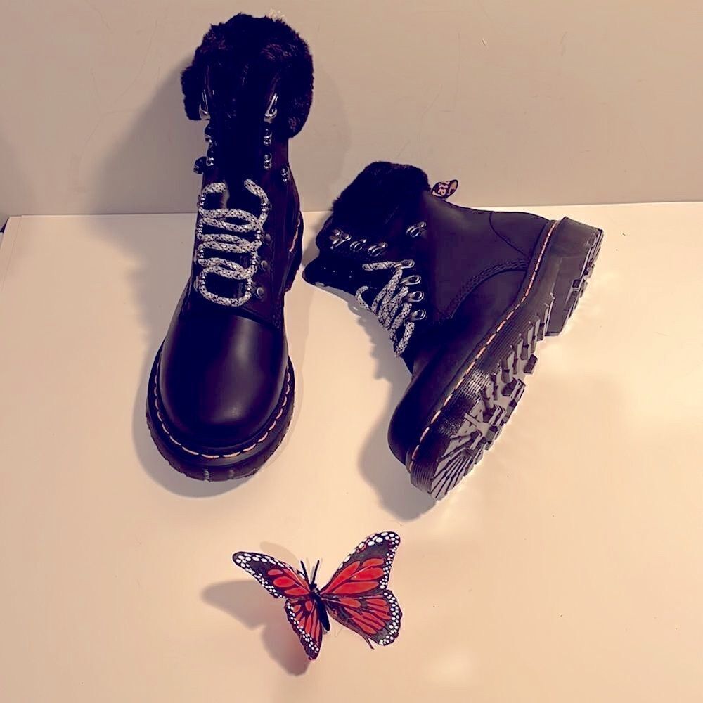 Authentic Nib Dr. Martens black leather combat boots with fur.